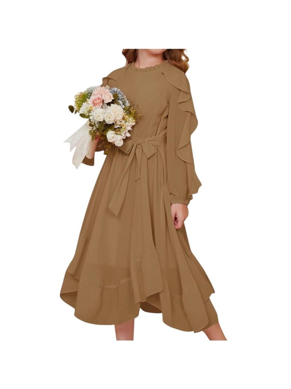 NWT ~ GRACE KARIN Girls Long Sleeve Tan Ruffle Swing Formal Dress ~ Size 6 years
